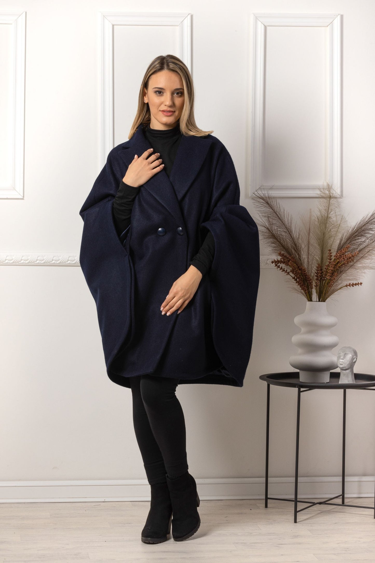 Dark Navy Wool Blend Cape Coat for easy living - from NikkaPlace | Effortless fashion for easy living