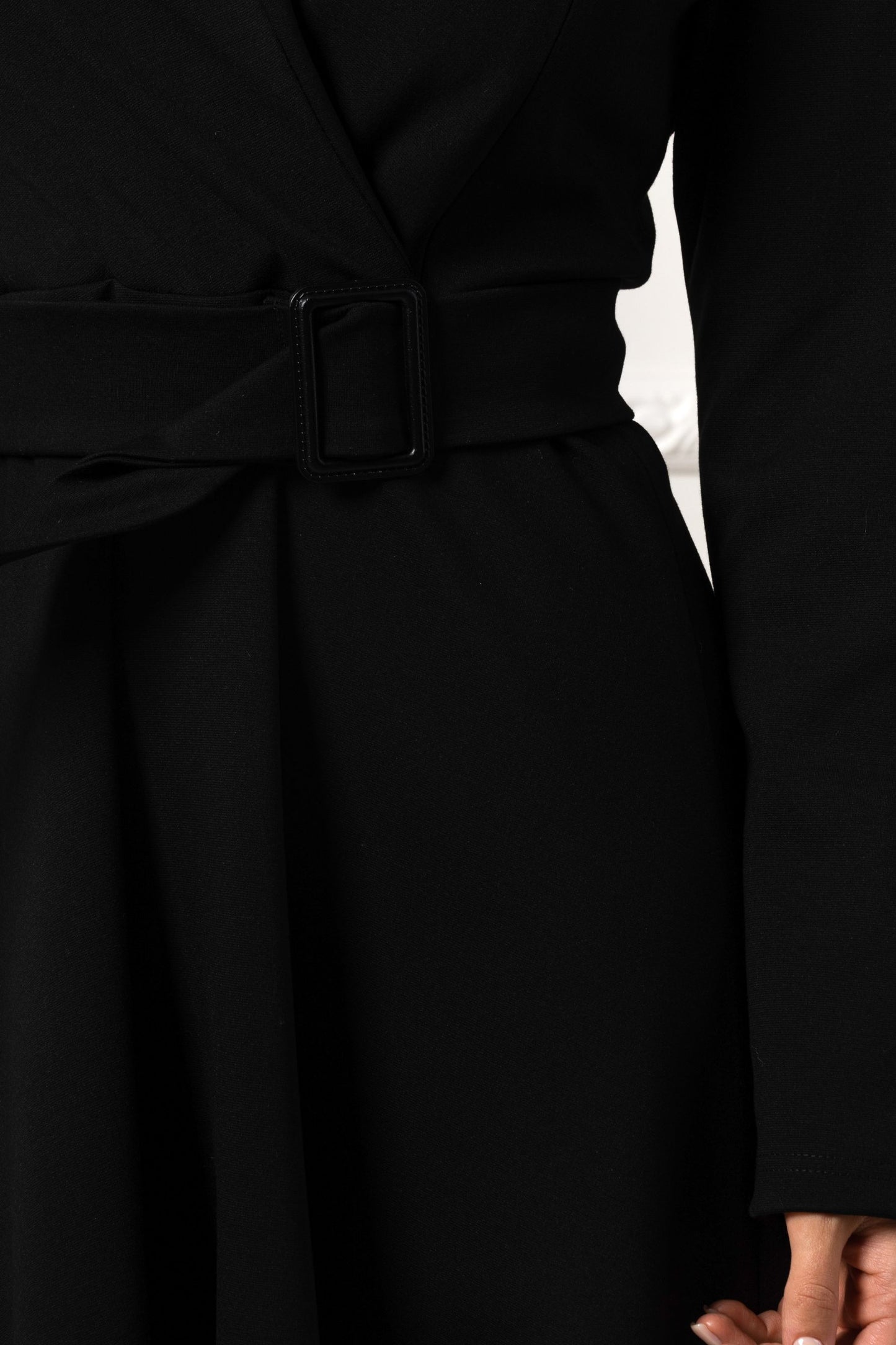 Close-up of the A-Line Belted Black Dress fabric - NikkaPlace | Effortless fashion for easy living
