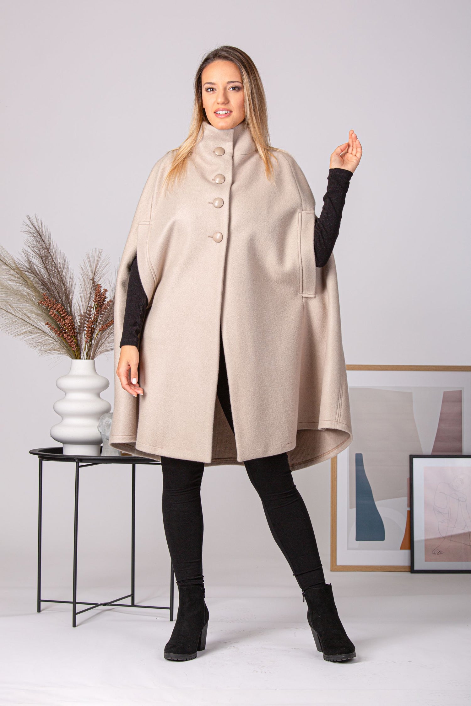 Close-up of the collar on the Buttoned Poncho Coat - from NikkaPlace | Effortless fashion for easy living