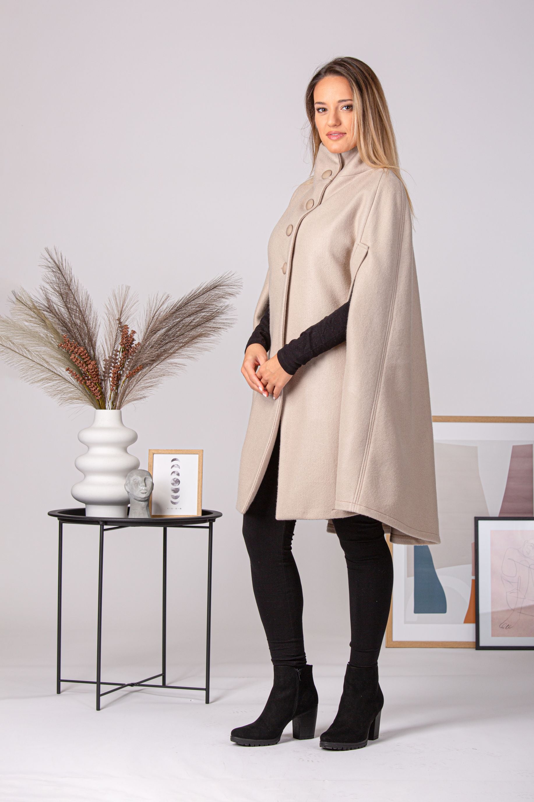 Side view of the relaxed drop shoulder pattern on the Buttoned Poncho Coat - from NikkaPlace | Effortless fashion for easy living