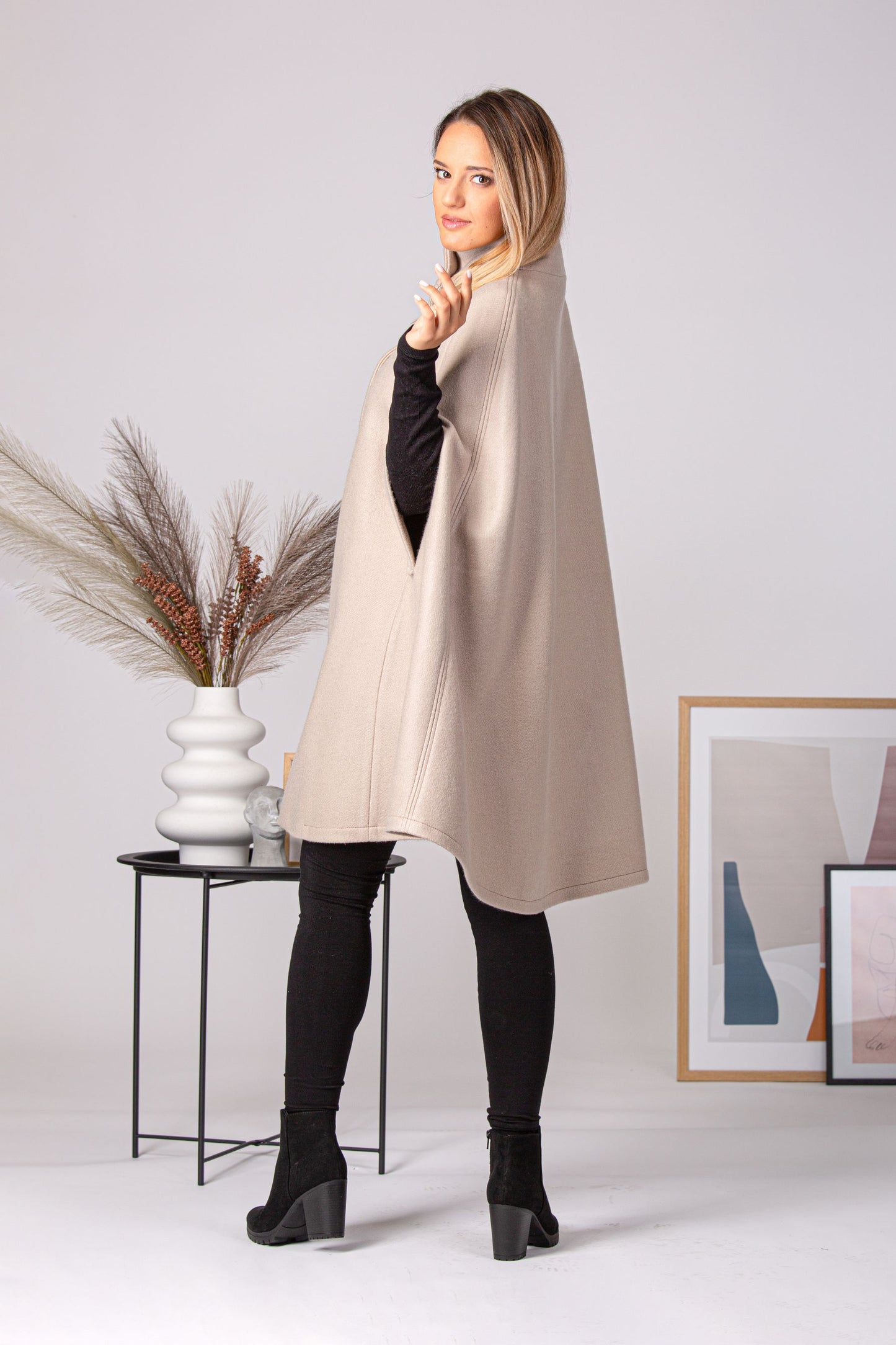 Close-up of the wool-polyester fabric on the Buttoned Poncho Coat - from NikkaPlace | Effortless fashion for easy living