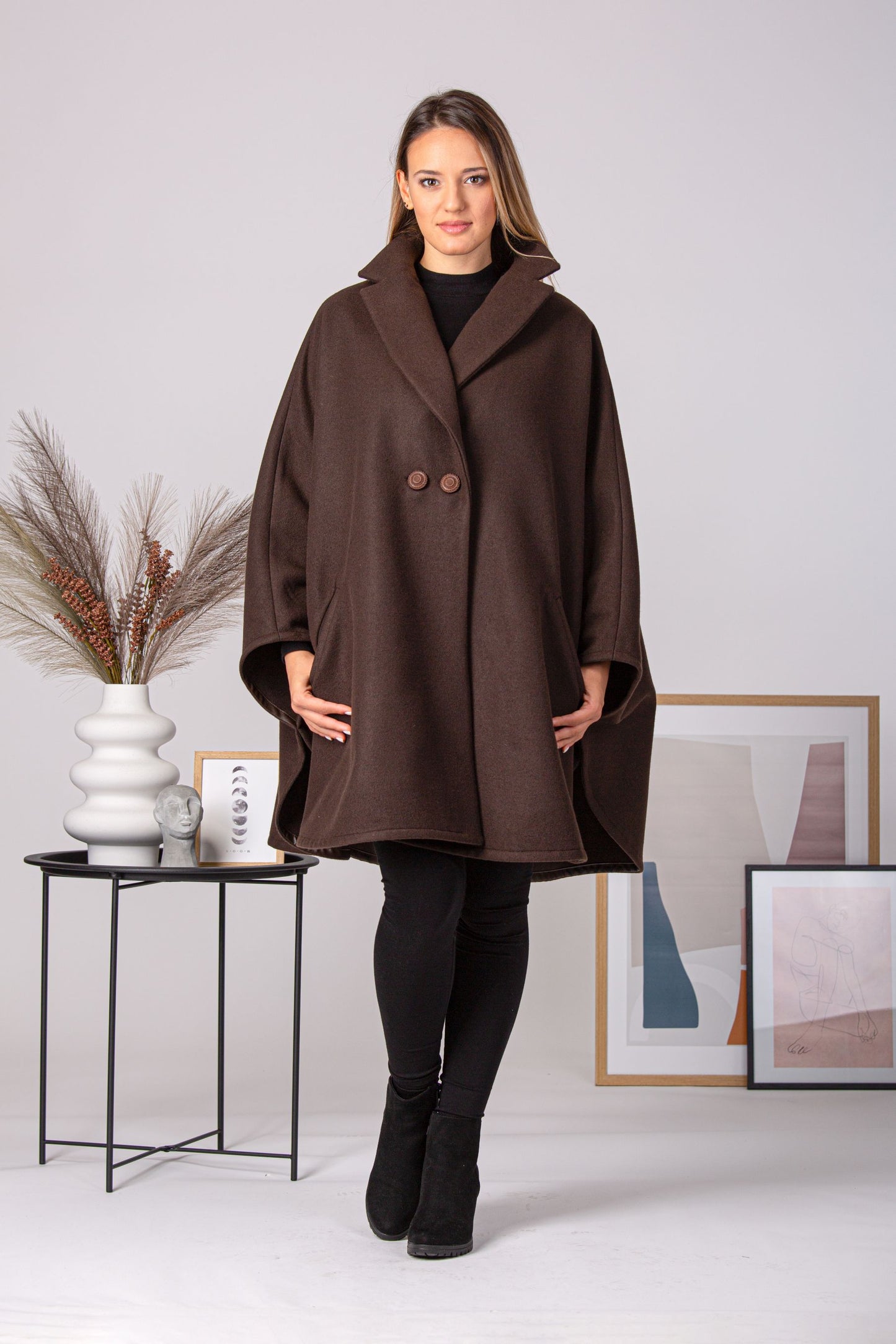 Brown Collared Loose Cape Coat front view - from Nikka Place | Effortless fashion for easy living