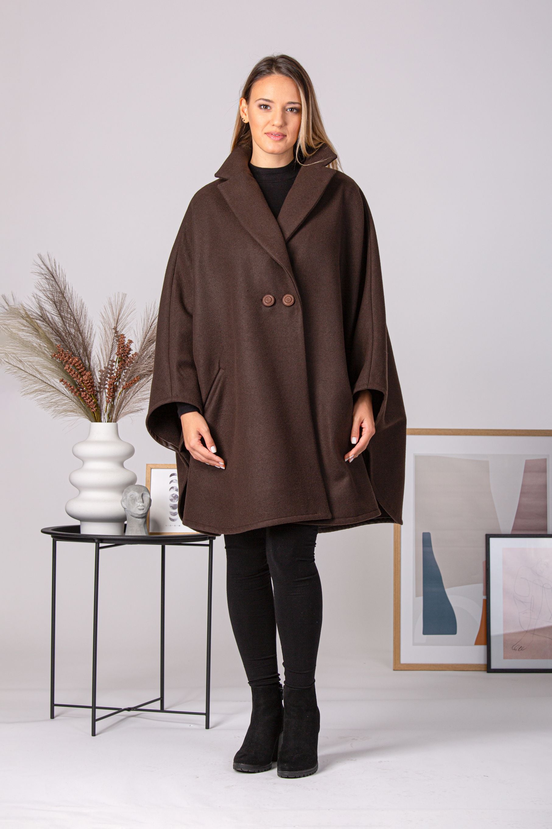 Lapel collar detail of Brown Collared Loose Cape Coat - from Nikka Place | Effortless fashion for easy living