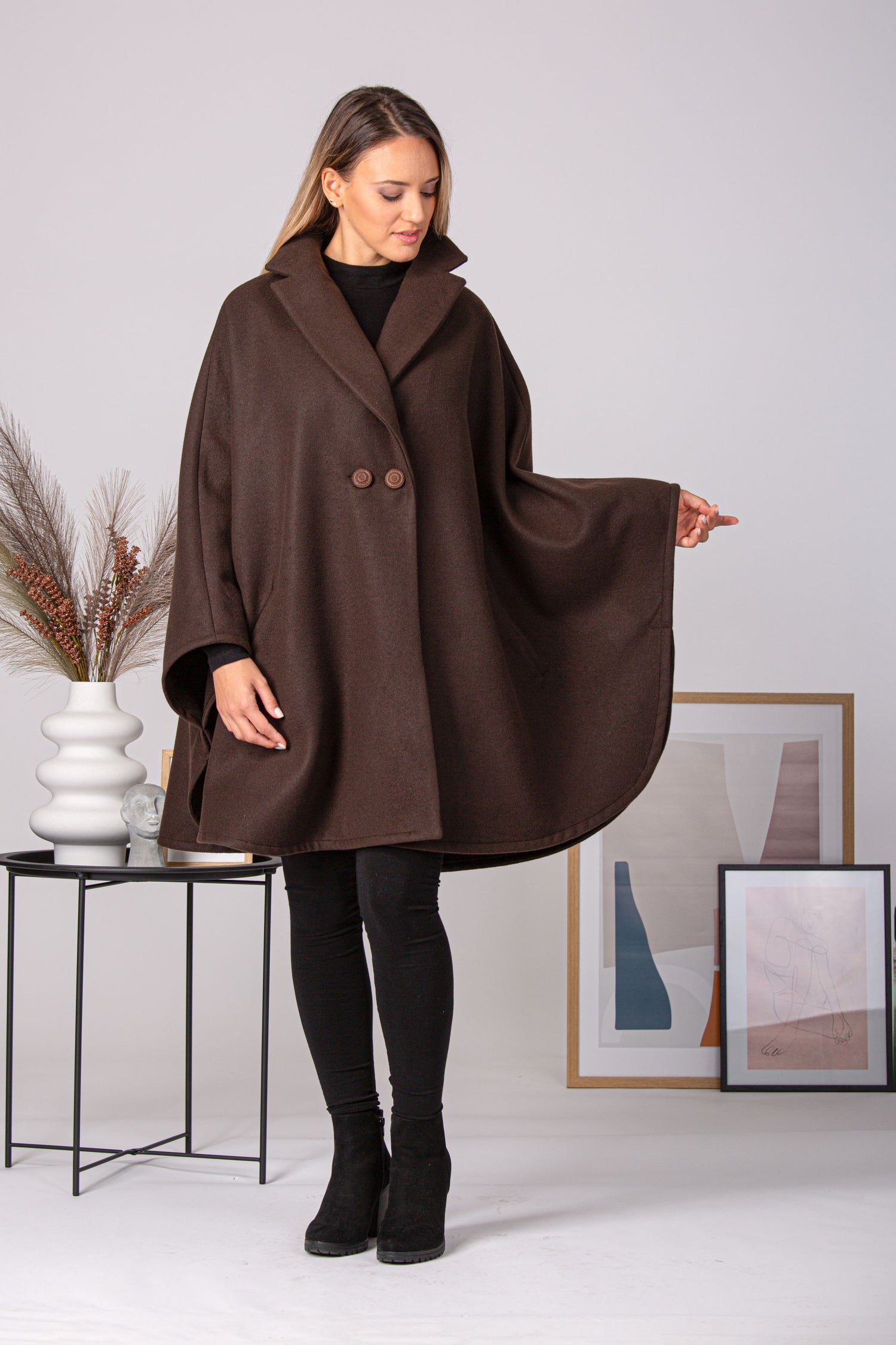 Brown Collared Loose Cape Coat button closure - from Nikka Place | Effortless fashion for easy living