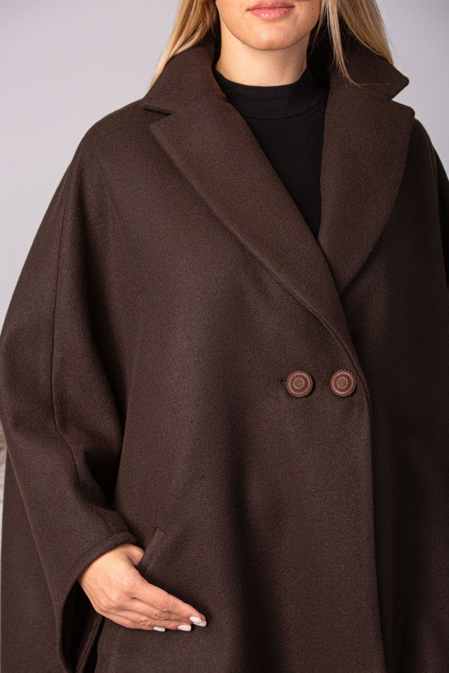 Relaxed drop shoulder pattern of Brown Collared Loose Cape Coat - from Nikka Place | Effortless fashion for easy living
