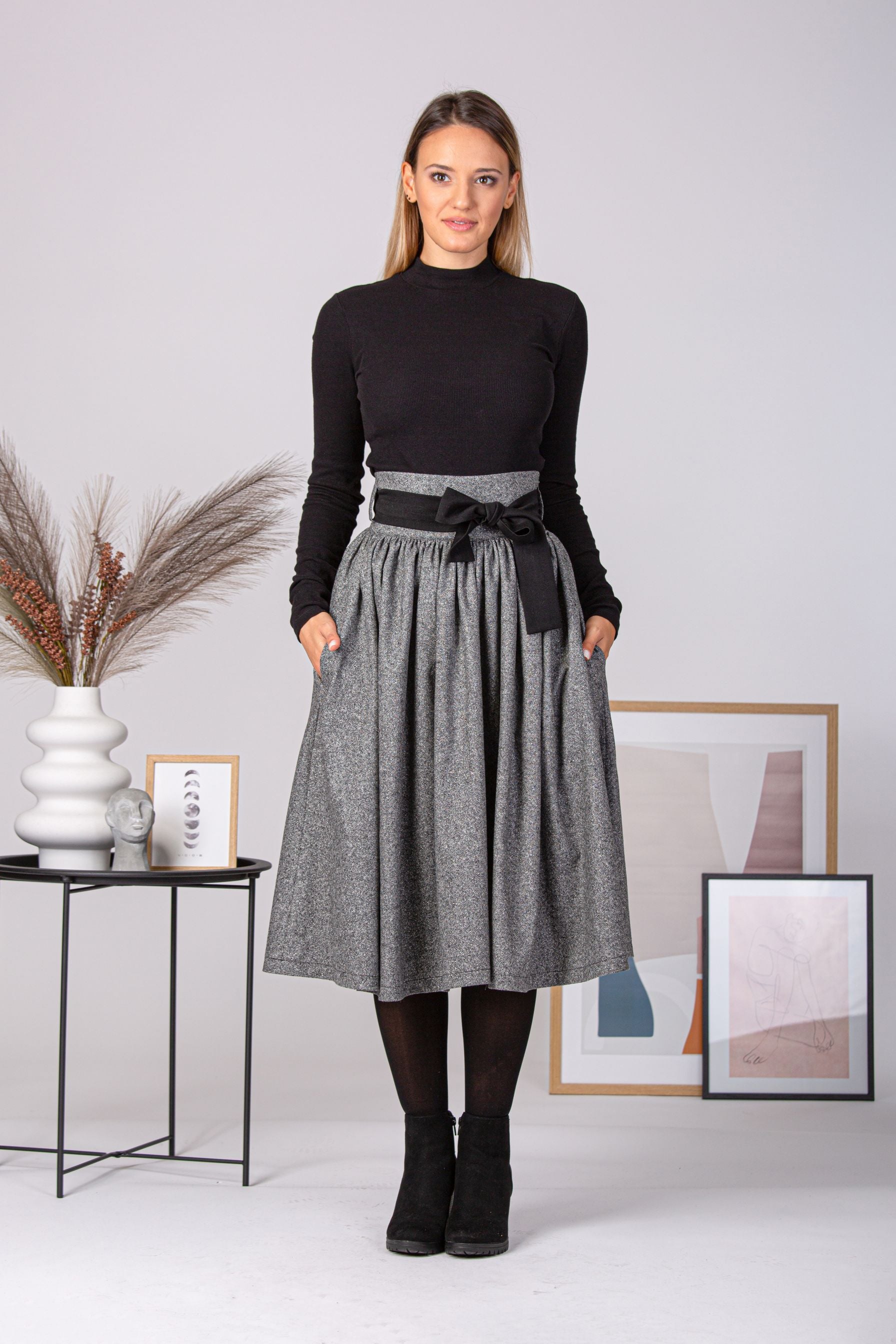 Wool Midi Skirt with Belt