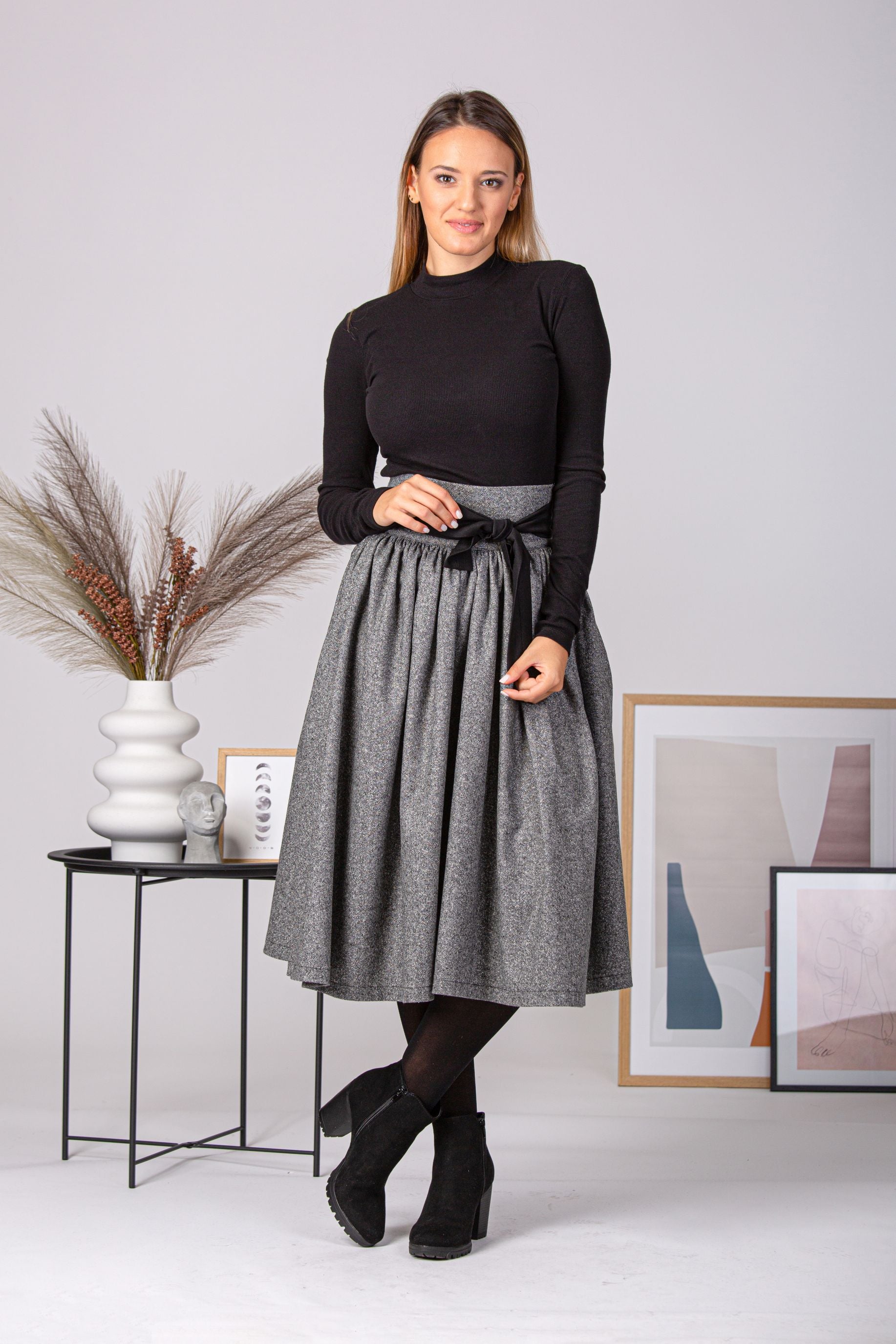 Wool Midi Skirt with Belt