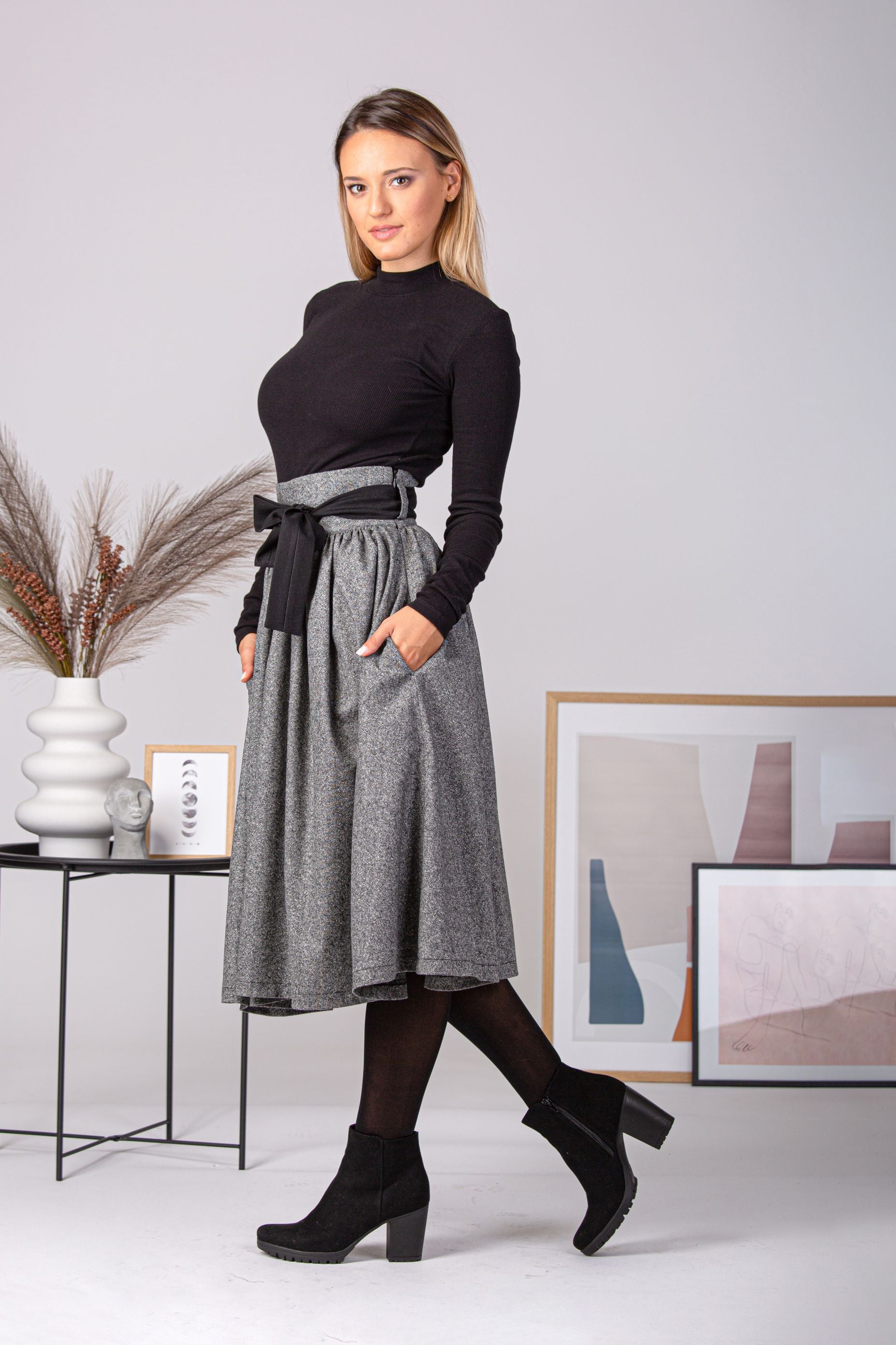 Wool Midi Skirt with Belt