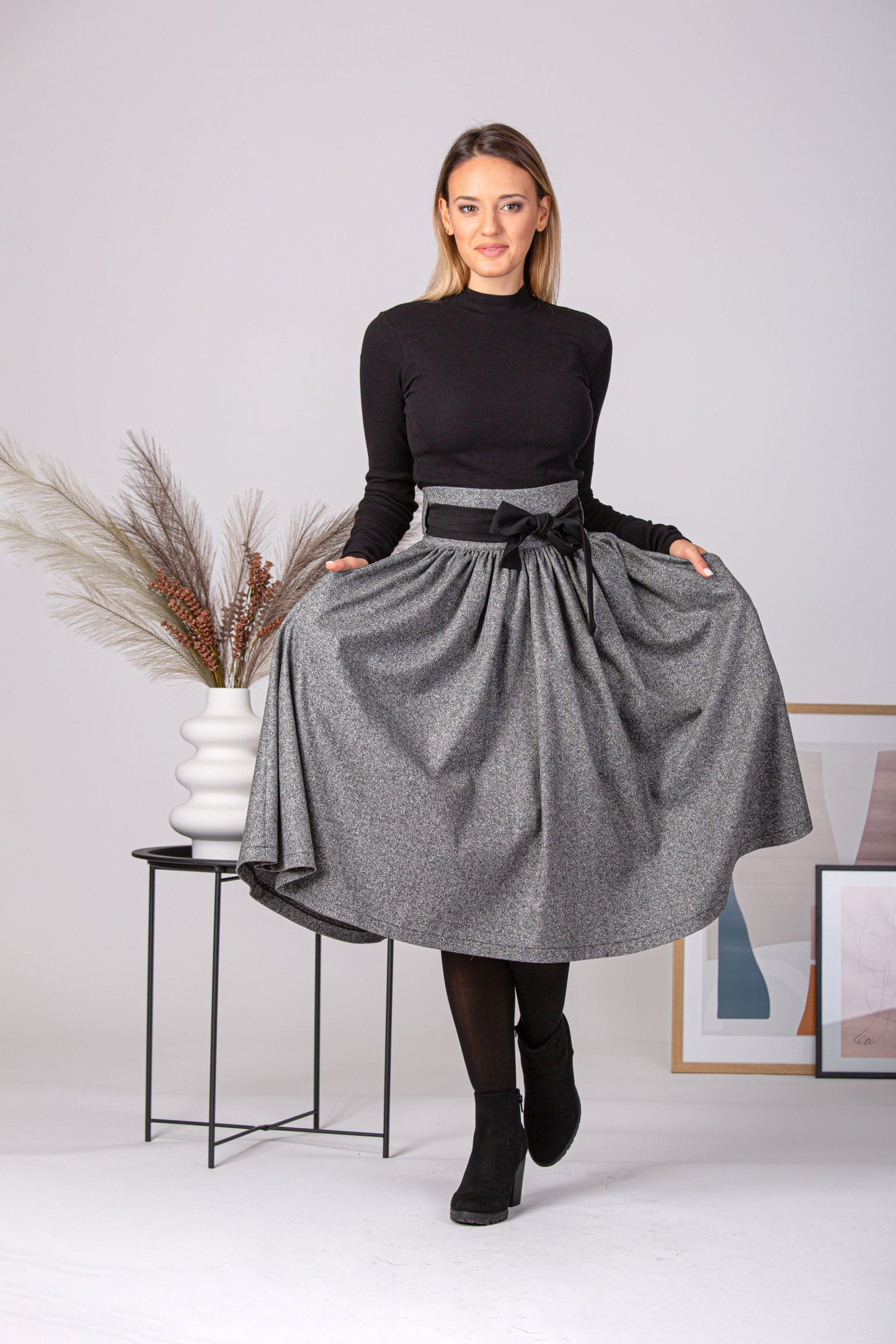 Wool Midi Skirt with Belt