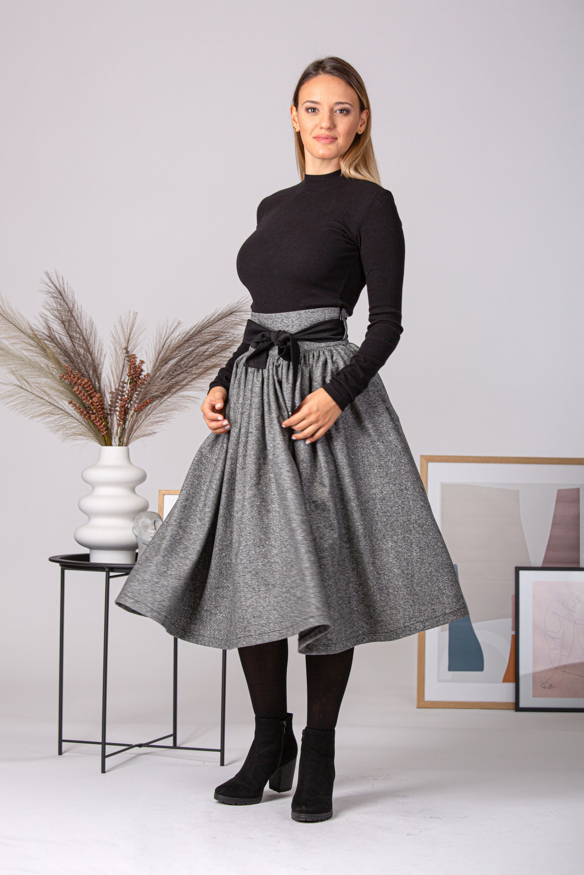 Wool Midi Skirt with Belt