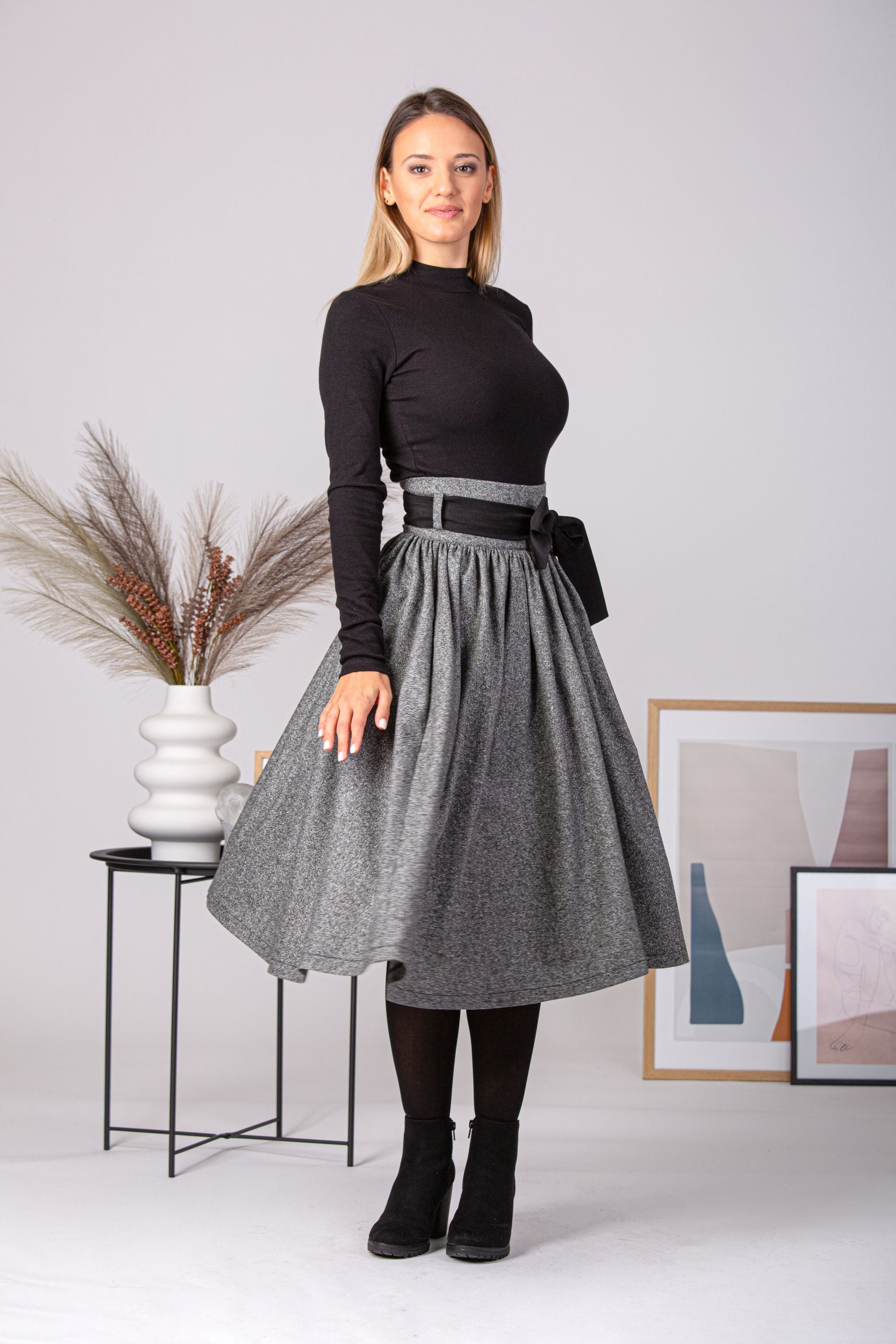 Wool Midi Skirt with Belt