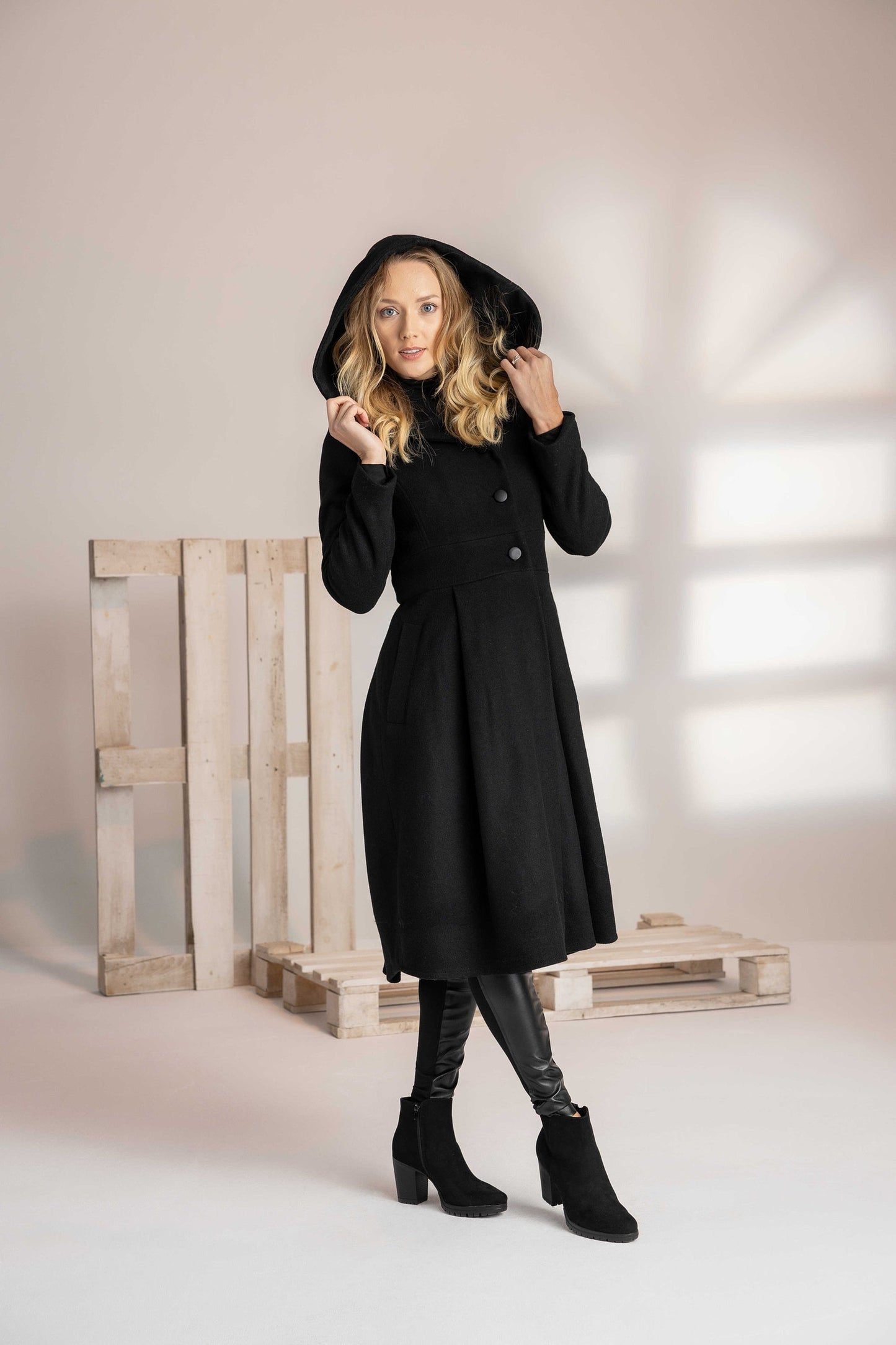 Black Wool Hooded Coat with Flared A-Line Silhouette - from Nikka Place | Effortless fashion for easy living