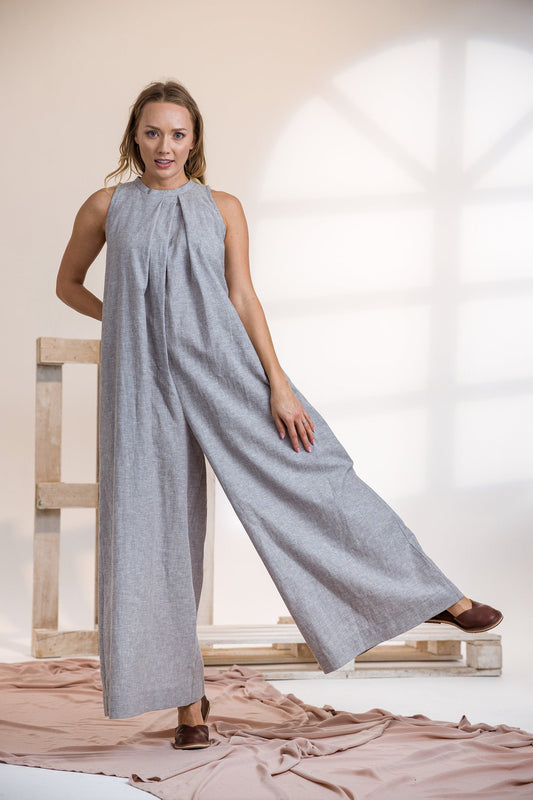 Wide Leg Linen Jumpsuit front view - from NikkaPlace | Effortless fashion for easy living
