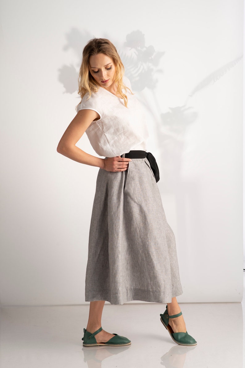 Linen Midi Skirt with Pockets