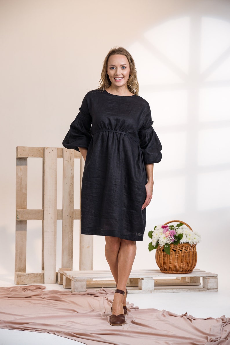 Puff Sleeve Linen Dress in Navy Blue - from Nikka Place | Effortless fashion for easy living