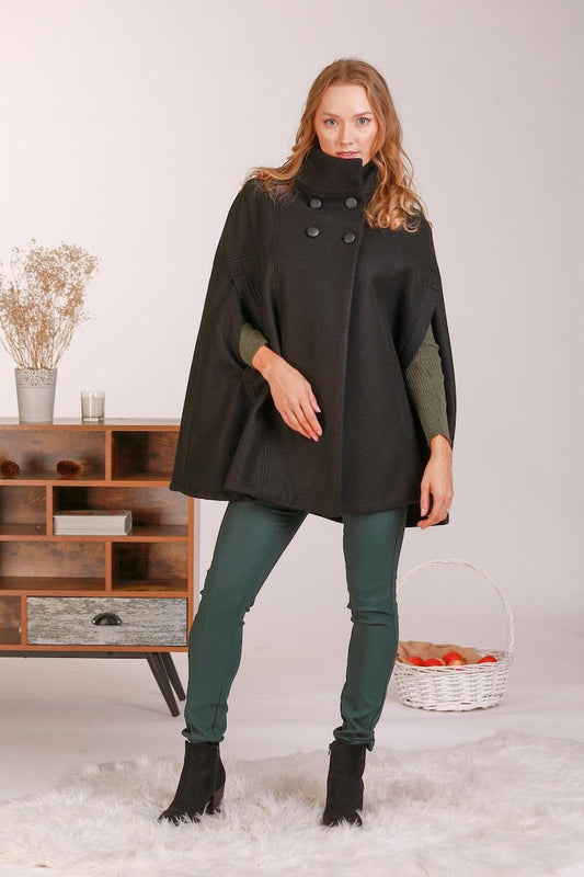 Black Elegant Cape Coat with High collar - from NikkaPlace | Effortless fashion for easy living