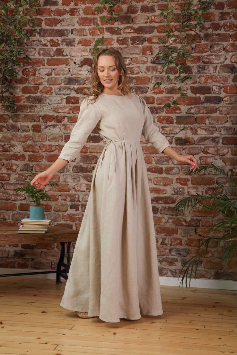 Elegant Natural Long Sleeve Linen Maxi Dress front view - from Nikka Place | Effortless fashion for easy living