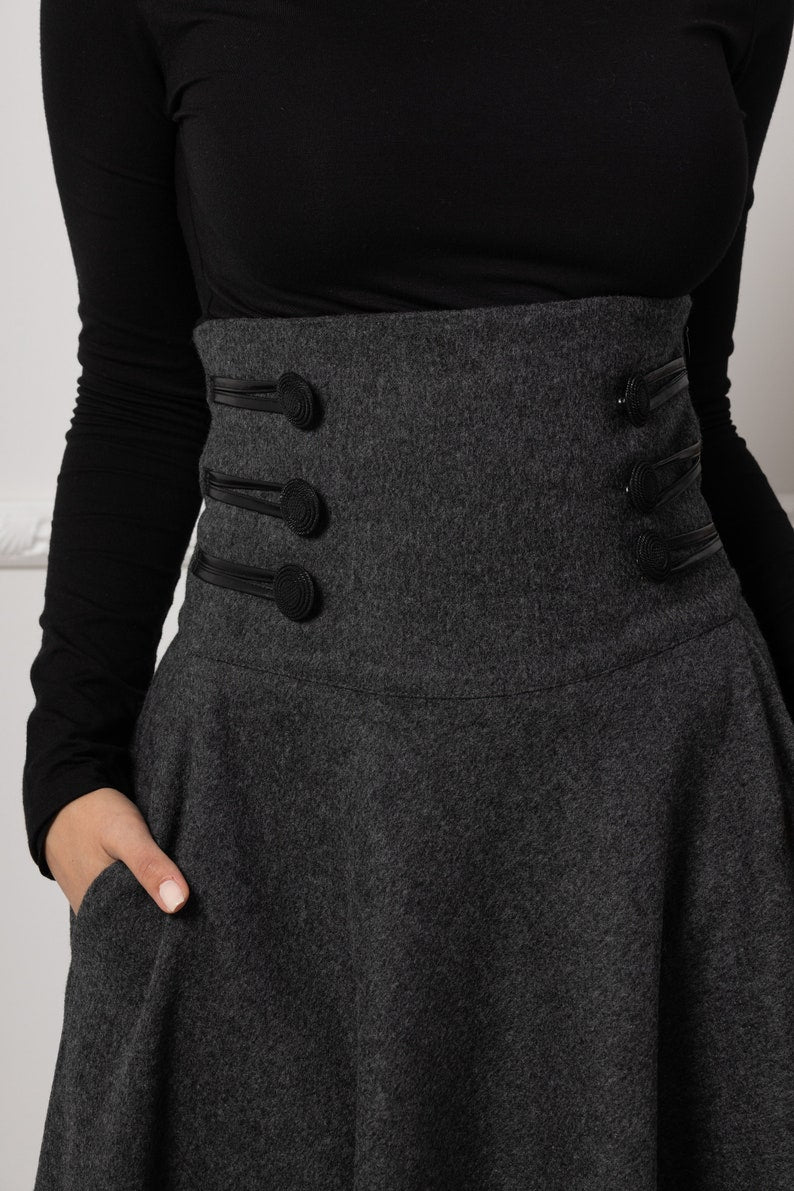 Stylish Dark Gray Winter Wool Maxi Skirt with button details - from NikkaPlace | Effortless fashion for easy livingce | Effortless fashion for easy living