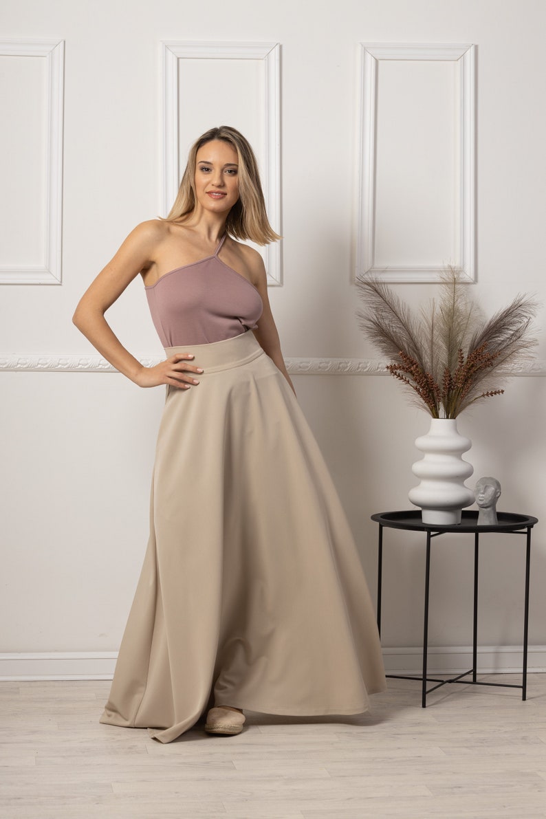 Beige High Waisted Maxi Skirt Front View - from Nikka Place | Effortless fashion for easy living