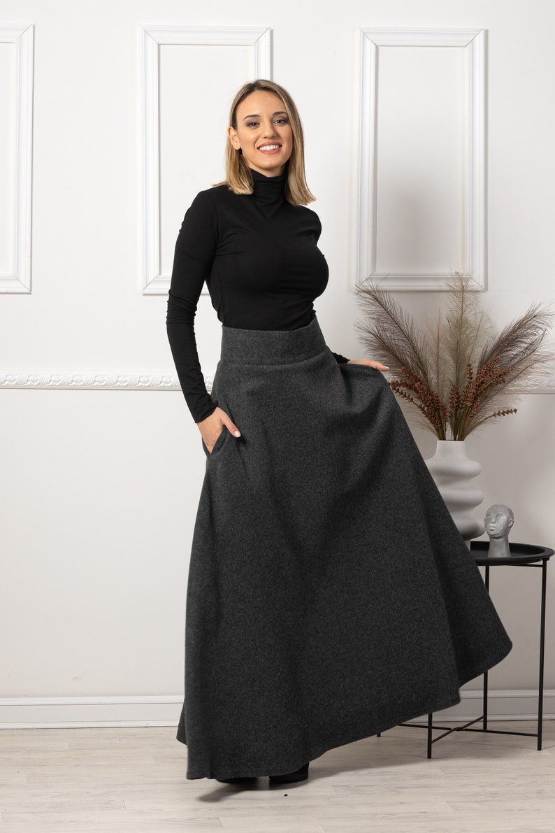 Dark Gray High Waisted Wool Maxi Skirt from NikkaPlace | Effortless fashion for easy living