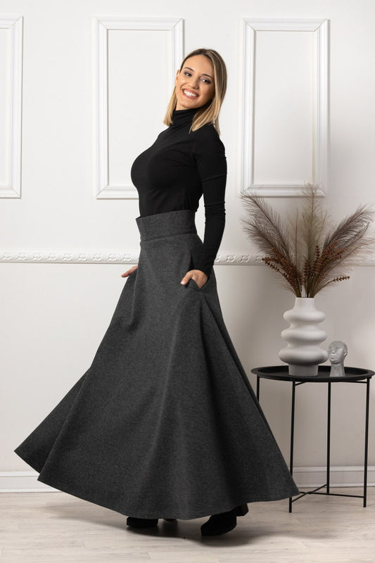 Dark grey High Waisted Wool Maxi Skirt front view from NikkaPlace | Effortless fashion for easy living